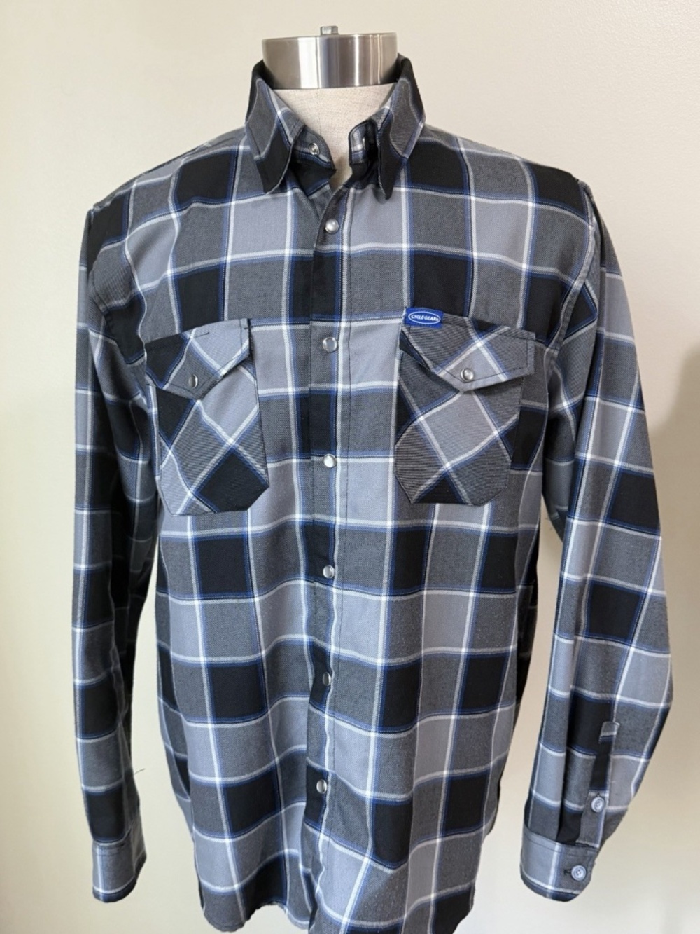 Dixxon x Cycle Gear Pearl Snap Gray Blue Plaid Flannel Sz Large